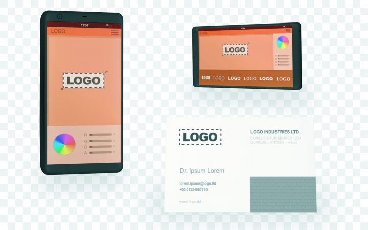 Creare logo e immagine coordinata (immagine con un app per creare logo in smartphone e tablet, in primo piano un biglietto da visita)