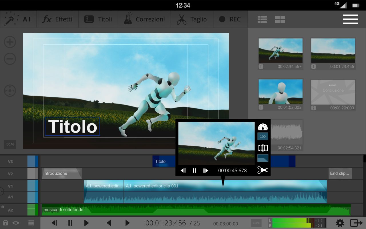 Creare pubblicita e video presentazione con A.I. (immagine con una pseudo-app di video editing con intelligenza artificiale)