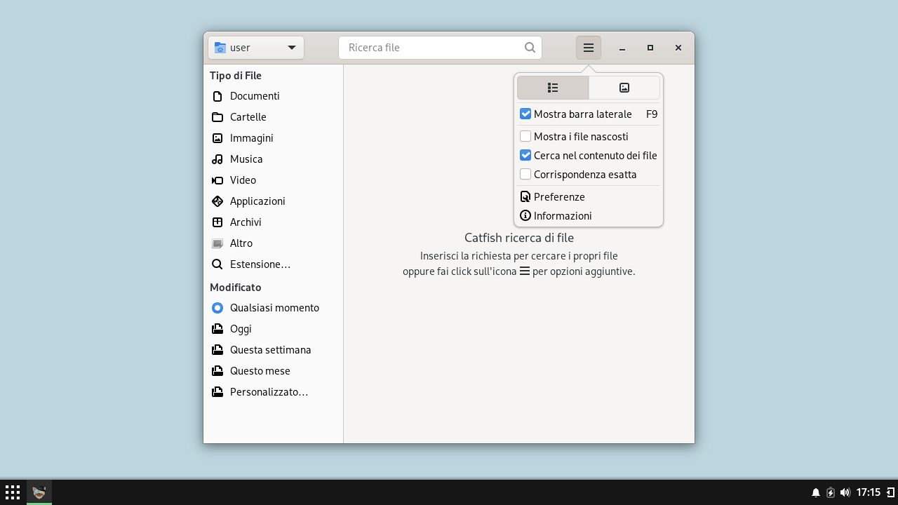 Catfish (linux) software per cercare i file, screenshot
