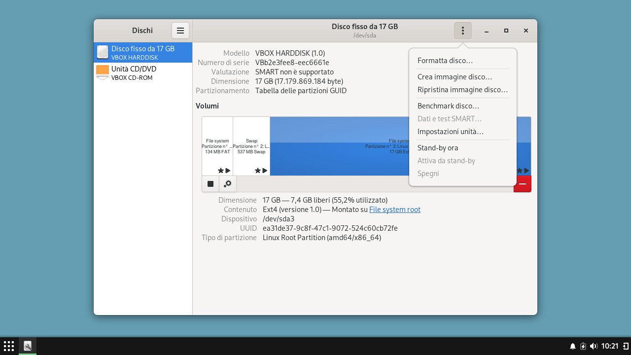 GNOME Disk Utility (linux) software di gestione dei dischi, screenshot
