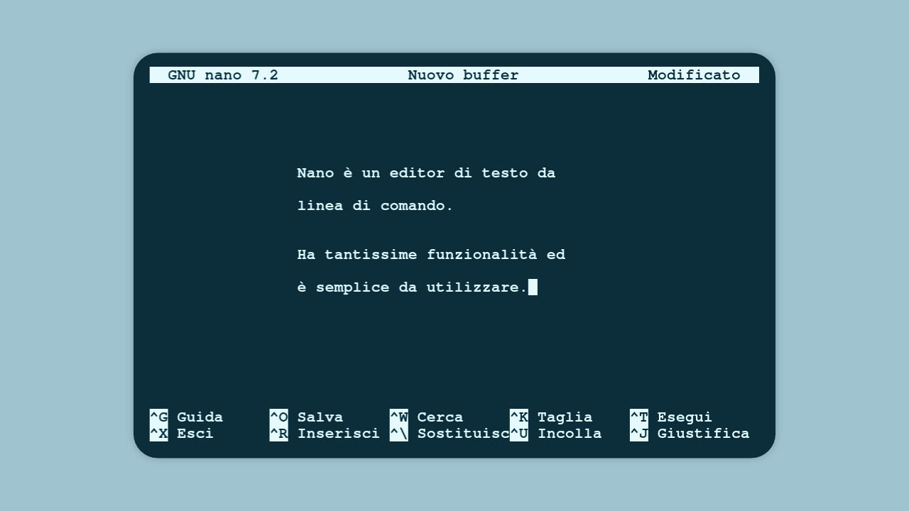 GNU Nano (linux) software editor per scrivere testo da terminale, screenshot